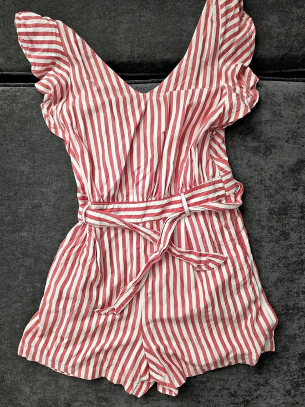 Loft Striped Wrap Romper in Red & White